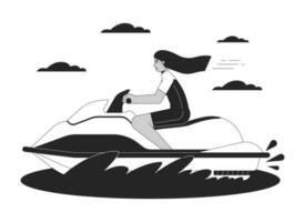 Jet ski rijden bw vector plek illustratie. badmode Arabisch vrouw Aan water scooter 2d tekenfilm vlak lijn monochromatisch karakter voor web ui ontwerp. waterscooters jetski bewerkbare geïsoleerd schets held beeld