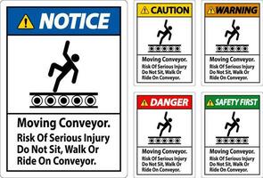 waarschuwing teken in beweging transportband, risico van echt letsel Doen niet zitten wandelen of rijden Aan transportband vector