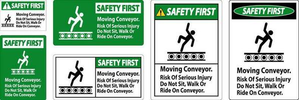 veiligheid eerste teken in beweging transportband, risico van echt letsel Doen niet zitten wandelen of rijden Aan transportband vector