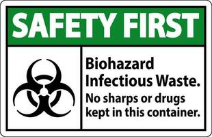 veiligheid eerste etiket biohazard besmettelijk afval, Nee scherpe punten of verdovende middelen gehouden in deze houder vector