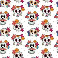 dia de los Muertos naadloos patroon met tekenfilm schedels en bloemen Aan wit achtergrond voor behang, textiel afdrukken, omhulsel papier, scrapbooken, stationair, verpakking, enz, eps 10 vector