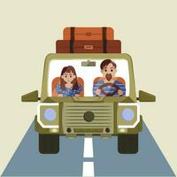 Mens en vrouw zijn op reis door auto. op reis door auto Aan vakantie met koffers. reis door auto. vlak vector illustratie.