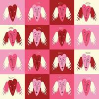 helder roze en rood Valentijnsdag dag patroon met engel hart en Vleugels vector