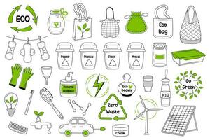 ecologie, nul afval, eco levensstijl tekening set. hand- getrokken lineair eco pictogrammen set. vector