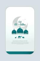 verticaal sociaal media sjabloon, eid al adha speciaal thema met drie moskee koepel ornamenten en kameel, koe, en geit dieren. vector