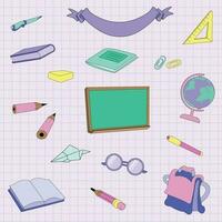 vector grafisch illustratie reeks van school- hulpmiddelen, schrijfbehoeften voor een leerling Aan een roze achtergrond.