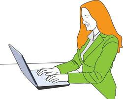 een zakenvrouw is zittend Bij een laptop. de meisje is surfing de internet of werken Bij een computer. vector single lijn hand- tekening schetsen illustratie.
