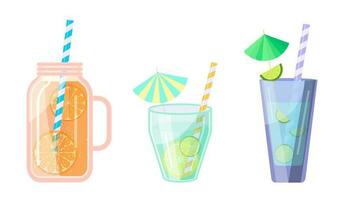 reeks voor een cocktail, vers geperst sappen. fruit,citrusvruchten, rietjes, cocktail paraplu's vector illustratie