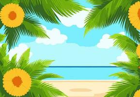 zomer achtergrond met zee, strand, lucht, bloemen en palm bladeren, vector illustratie.