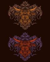 stier hoofd met antiek gravure ornament vector