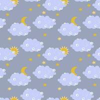 wolken in de lucht, zon, maan en sterren. naadloos patroon, vector illustratie