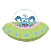 schattig tekenfilm monster, buitenaards wezen in een vliegend schotel, ufo.. vector illustratie Aan een wit achtergrond.