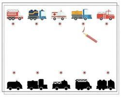 vind de Rechtsaf schaduw, een leerzaam spel voor kinderen, tekenfilm auto's. vector illustratie Aan een wit achtergrond