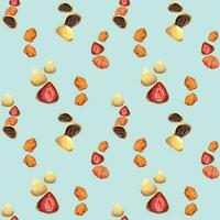waterverf naadloos patroon met hand- getrokken traditioneel Japans snoepgoed. wagashi, mochi, herfst esdoorn- bladeren geïsoleerd Aan wit achtergrond. uitnodigingen, restaurant menu, groet kaarten, afdrukken, textiel vector