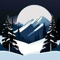 winter berg Woud landschap achtergrond, pijnboom sneeuw bomen bossen vlak vector illustratie