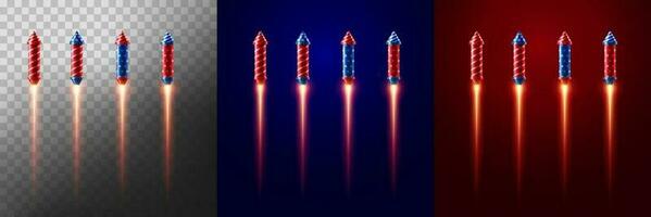 vuurwerk raketten met licht explosief effect Aan transparant, blauw en rood achtergrond. vector illustratie eps 10