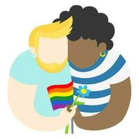 lgbt jongens in liefde Holding regenboog vlag en bloem - gemakkelijk vector illustratie. lgbt trots homo en lesbienne concept