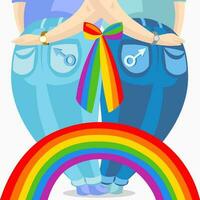 twee wit huid homo mannen in jeans Holding elk ander, verbonden met kleurrijk boog en regenboog - vector illustratie. lgbt trots homo en lesbienne concept