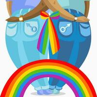 twee donker huid homo mannen in jeans Holding elk ander, verbonden met kleurrijk boog en regenboog - vector illustratie. lgbt trots homo en lesbienne concept