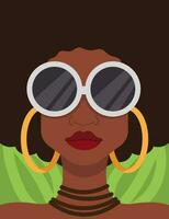vrouw mode vector portret, Afrikaanse Amerikaans vrouw vervelend zonnebril en hoepel oorbellen, natuurlijk haar, mode stijl portret