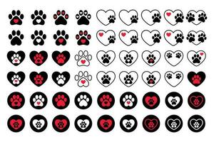 hond poot met hart icoon set, hond poot prints en harten logo's, dier afdrukken hart pictogrammen, silhouet rood en zwart poot afdrukken vector