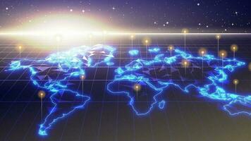 futuristische gloeiend wereld kaart netwerk verbinding. blauw aarde kaart hologram Scherm met een Rechtdoor pin. digitaal neurale netwerk concept, 3d groot gegevens stroom technologie, wereld gegevens analytics achtergrond vector