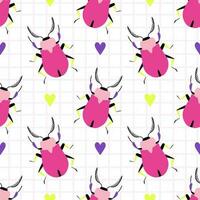 grappig roze bugs met helder harten Aan een geruit achtergrond. naadloos patroon met tekenfilm elementen. vector