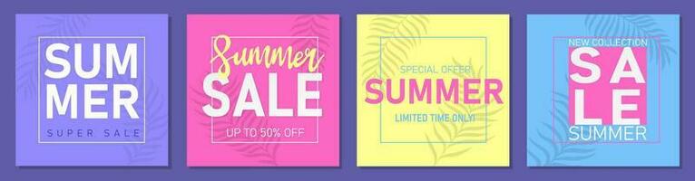 modern zomer uitverkoop spandoeken, posters of kaarten met tropisch bladeren in minimalistische stijl vector