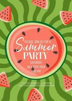 watermeloen zomer partij uitnodiging. plak van watermeloen Aan gestreept groen achtergrond. perfect voor strand partij, zwembad partij en bbq vector