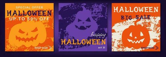 gelukkig halloween uitverkoop banners verzameling. halloween vakantie uitverkoop Sjablonen reeks met belettering en pompoenen vector