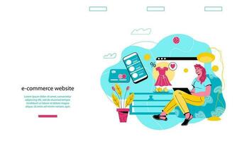 e-shop en e-commerce web plaats spandoek. reclame uitchecken betalen en online boodschappen doen landen bladzijde met vrouw inkoop goederen in internet op te slaan. tekenfilm vector illustratie.