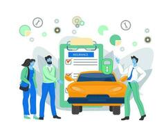 auto onderhoud verzekering en geld besparing concept met tekenfilm mensen, vector illustratie geïsoleerd Aan wit achtergrond. auto verzekering bedrijf auto onderhoud pakket.