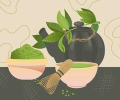 kaart of banier achtergrond met gereedschap voor matcha groen thee brouwen inclusief theepot en vers groen bladeren, vlak vector illustratie. Japans of Chinese Aziatisch matcha thee drankje.