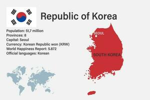 zeer gedetailleerd zuiden Korea kaart met vlag, hoofdstad en klein kaart van de wereld vector