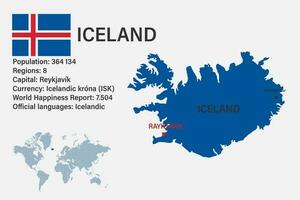 zeer gedetailleerd IJsland kaart met vlag, hoofdstad en klein kaart van de wereld vector