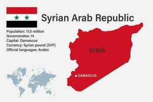 zeer gedetailleerde kaart van syrië met vlag, hoofdstad en kleine wereldkaart vector