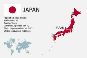 zeer gedetailleerd Japan kaart met vlag, hoofdstad en klein kaart van de wereld vector