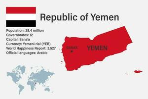 zeer gedetailleerde kaart van Jemen met vlag, hoofdstad en kleine wereldkaart vector