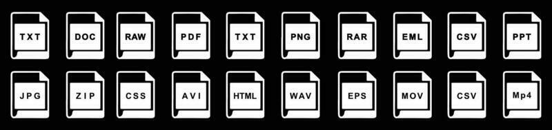 groot verzameling van vector pictogrammen, het dossier extensies verschillend pictogrammen reeks - een reeks van computer bestanden en software pictogrammen voorraad vector voor ontwerp Aan zwart achtergrond