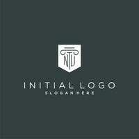 nu monogram met pijler en schild logo ontwerp, luxe en elegant logo voor wettelijk firma vector