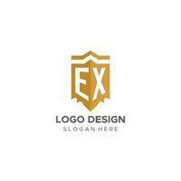 monogram ex logo met schild meetkundig vorm geven aan, elegant luxe eerste logo ontwerp vector