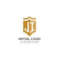 monogram ji logo met schild meetkundig vorm geven aan, elegant luxe eerste logo ontwerp vector
