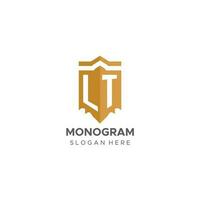 monogram lt logo met schild meetkundig vorm geven aan, elegant luxe eerste logo ontwerp vector