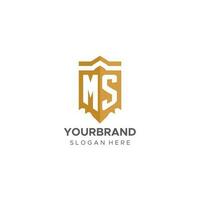 monogram Mevrouw logo met schild meetkundig vorm geven aan, elegant luxe eerste logo ontwerp vector