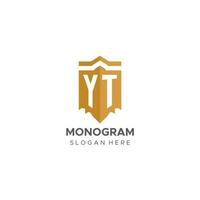 monogram yt logo met schild meetkundig vorm geven aan, elegant luxe eerste logo ontwerp vector