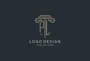 pl monogram logo met pijler vorm icoon, luxe en elegant ontwerp logo voor wet firma eerste stijl logo vector