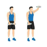 Mens aan het doen single of een arm voorkant water fles verhoogt oefening. vector