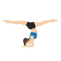 vrouw aan het doen handstand met splitst, variatie van pincha mayurasana yoga oefening. vector