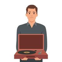 gelukkig Mens met draaitafel en vinyl Vermelding nodigt uit u naar retro partij met jazz- muziek. jong Mens verzamelen wijnoogst vinyl records met muziek- . vector