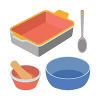 een reeks van keuken gebruiksvoorwerpen, een lepel, een schaal, een Mortier en stamper, een bakken gerecht. vector
